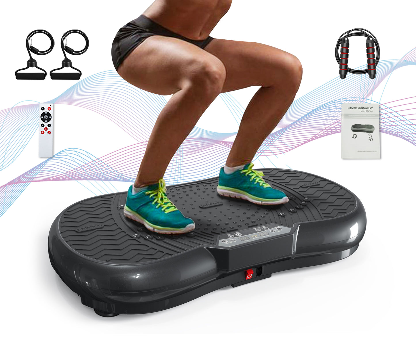 Bigzzia Vibration Plate Exercise Machine Whole Body Workout Vibration Fitness Platform w/ Loop Bands Jump Rope Bluetooth Speaker