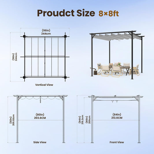 Gazebo, Metal Pergola with Retractable Roof, bigzzia Large Gazebo With Sun Shade Canopy Waterproof And SPF 15 With PU Coated Features For Patio Garden Party BBQ (8x8Ft Grey)