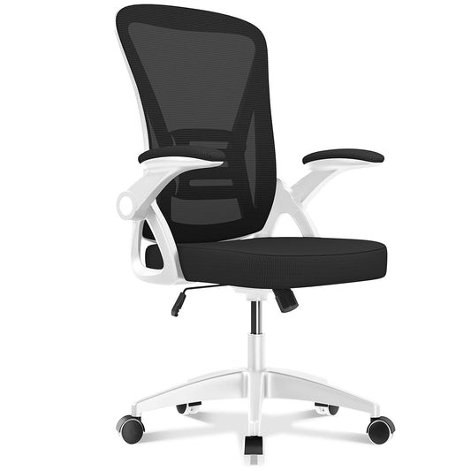 Bigzzia Ergonomic Office Chair, Mid-Back, Adjustable Height, Flip-Up Arms and Lumbar Support, Black