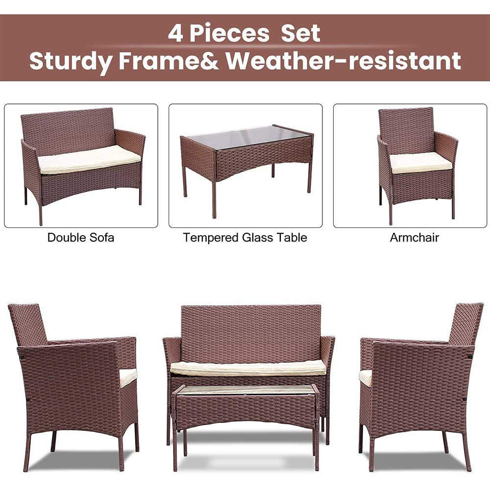 Bigzzia 4 PCS Garden Furniture set Rattan Outdoor Table Chair Sofa With Tempered Glass Table