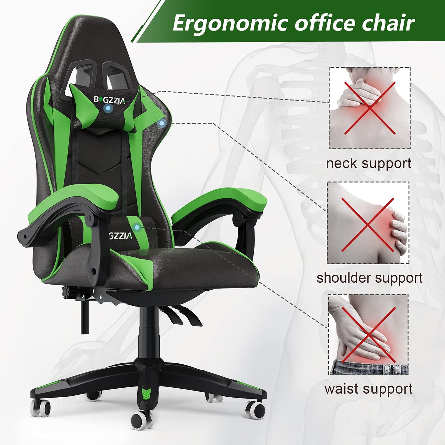 Bigzzia Gaming Chair Office Chair Desk Chair Swivel Heavy Duty Chair Ergonomic Design with Cushion and Reclining Back Support