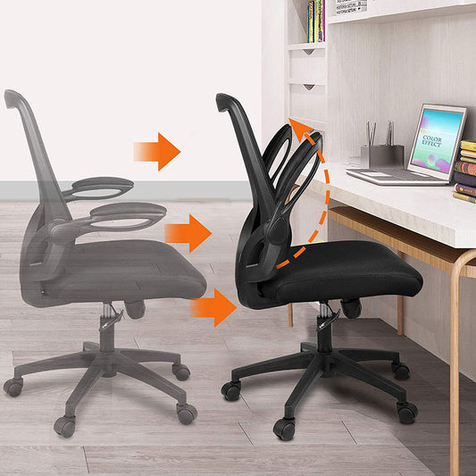 Bigzzia Office Desk Chair Ergonomic Office Chair with Flip-up Armrest Computer Chair Mesh Task Chair with 360° Rotation Seat and Adjustable Lumbar Support, Black