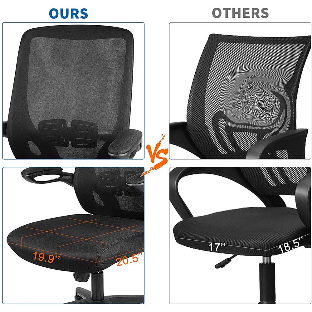 Bigzzia Office Desk Chair Ergonomic Office Chair with Flip-up Armrest Computer Chair Mesh Task Chair with 360° Rotation Seat and Adjustable Lumbar Support, Black