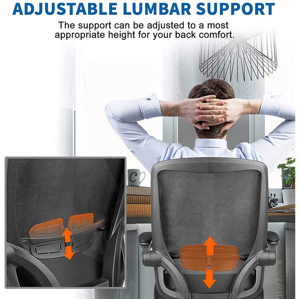 Bigzzia Office Desk Chair Ergonomic Office Chair with Flip-up Armrest Computer Chair Mesh Task Chair with 360° Rotation Seat and Adjustable Lumbar Support, Black