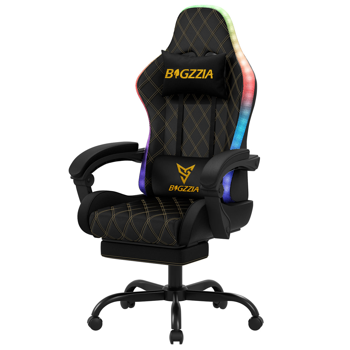 Bigzzia Gaming Chair with LED Lights, Ergonomic Computer Chair with Lumbar Support, Adjustable Headrest & Footrest