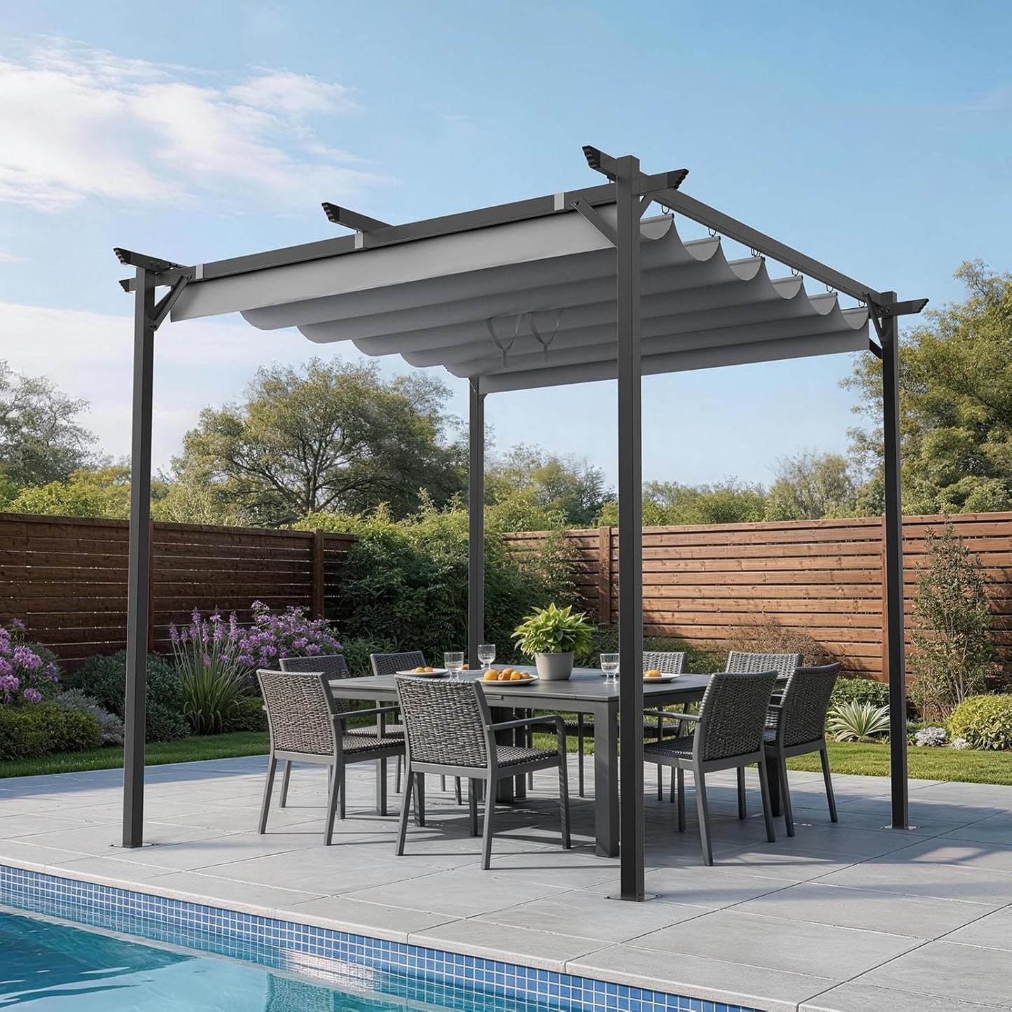 Gazebo, Metal Pergola with Retractable Roof, bigzzia Large Gazebo With Sun Shade Canopy Waterproof And SPF 15 With PU Coated Features For Patio Garden Party BBQ (8x8Ft Grey)