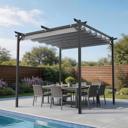 Gazebo, Metal Pergola with Retractable Roof, bigzzia Large Gazebo With Sun Shade Canopy Waterproof And SPF 15 With PU Coated Features For Patio Garden Party BBQ (8x8Ft Grey)