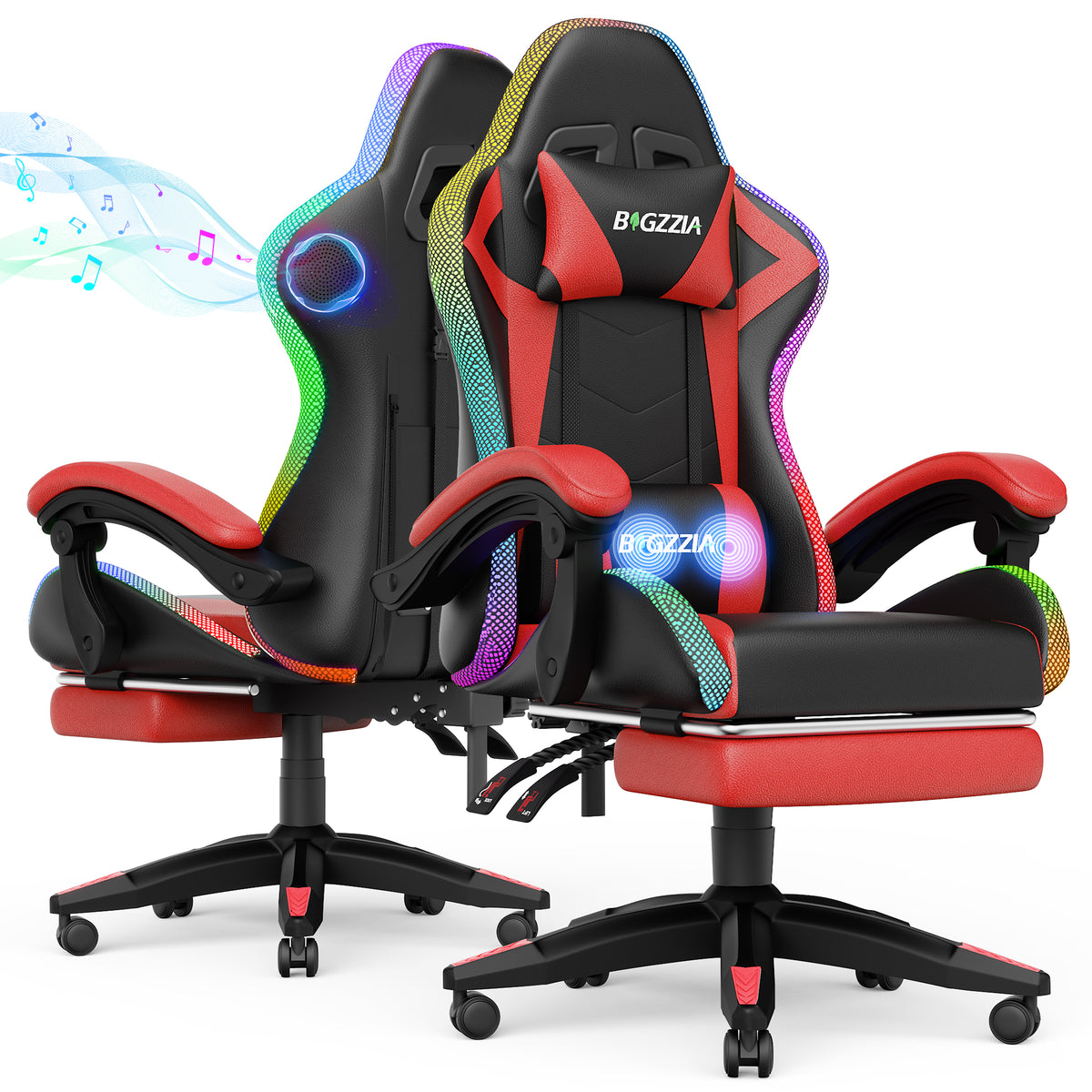 Bigzzia Gaming Chair for Adult with Speaker, Massage Game Chair with LED Lights, Adjustable Pillows and Footrest