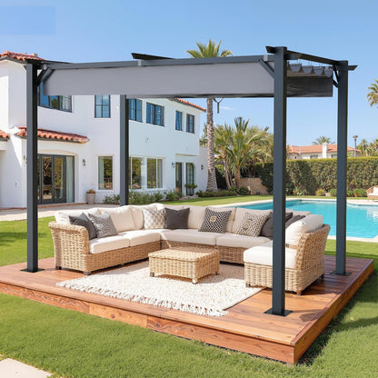 Gazebo, bigzzia Metal Pergola With Retractable Roof,Outdoor Parasol Features Water-Resistant And SPF 15 With PU Coated Canopy,Sun Shade For Garden Party Barbecue Event
