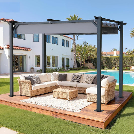 Gazebo, bigzzia Metal Pergola With Retractable Roof,Outdoor Parasol Features Water-Resistant And SPF 15 With PU Coated Canopy,Sun Shade For Garden Party Barbecue Event