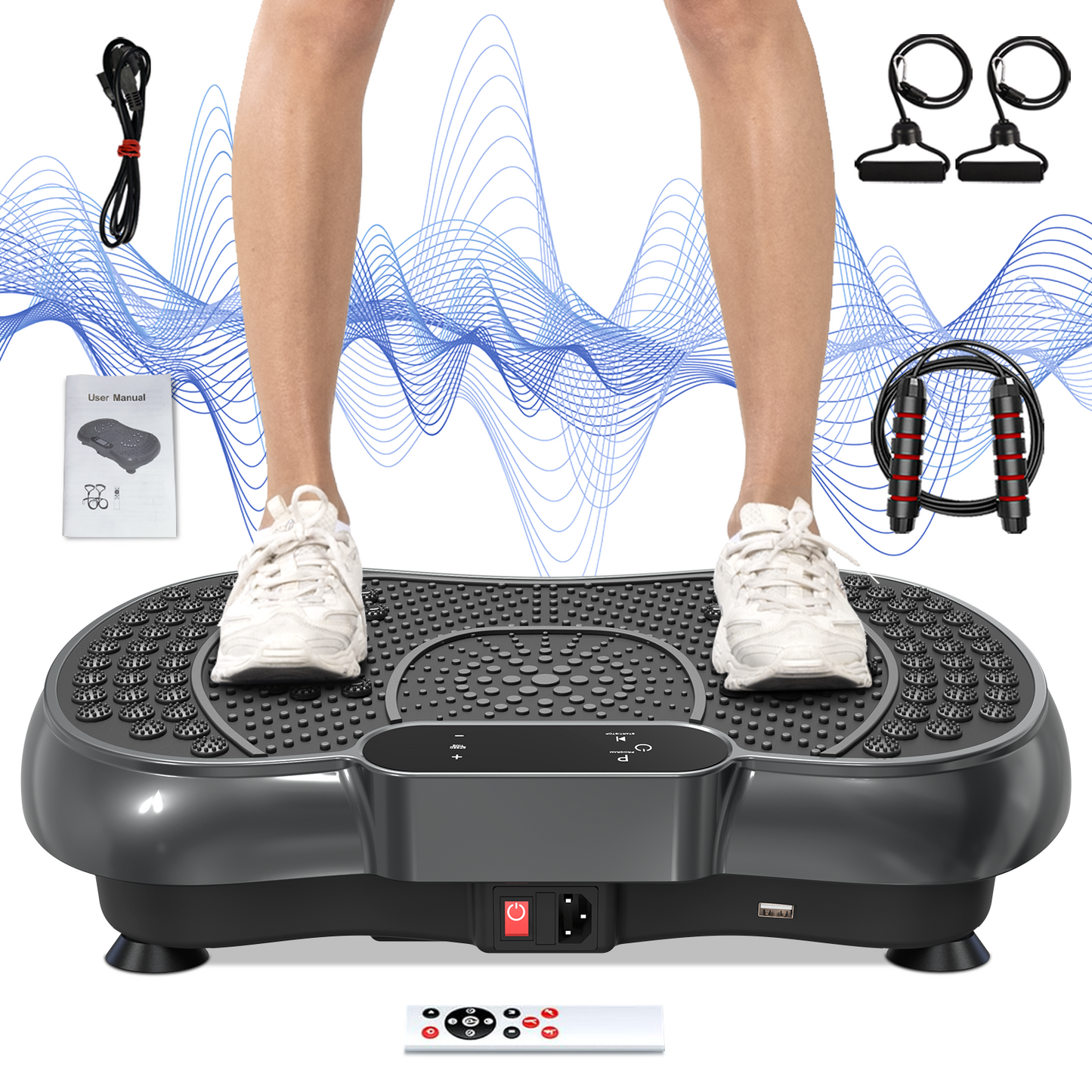 Bigzzia Vibration Plate Exercise Machine Whole Body Workout Vibration Fitness Platform w/ Loop Bands Jump Rope Bluetooth Speaker