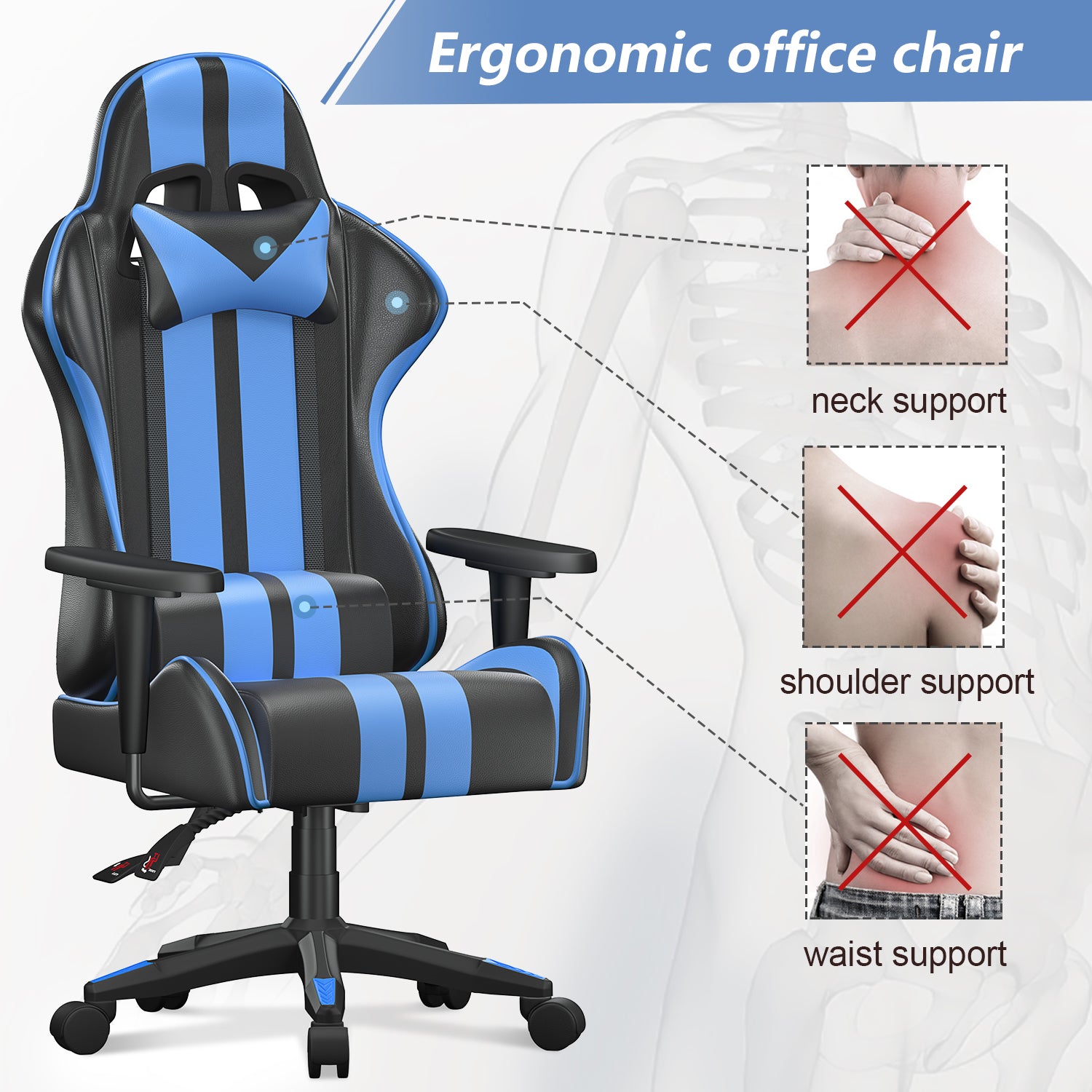Bigzzia Gaming Chair Ergonomic Office Chair High Back Leather Adjustable Swivel Racing Computer Chair with Headrest and Lumbar Support for Adults Kids Video Game Chair (Blue)