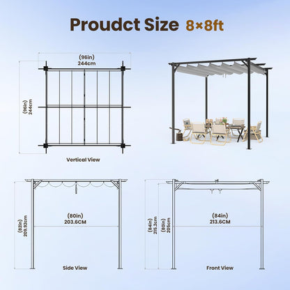 Gazebo, Metal Pergola with Retractable Roof, bigzzia Large Gazebo With Sun Shade Canopy Waterproof And SPF 15 With PU Coated Features For Patio Garden Party BBQ (8x8Ft Grey)