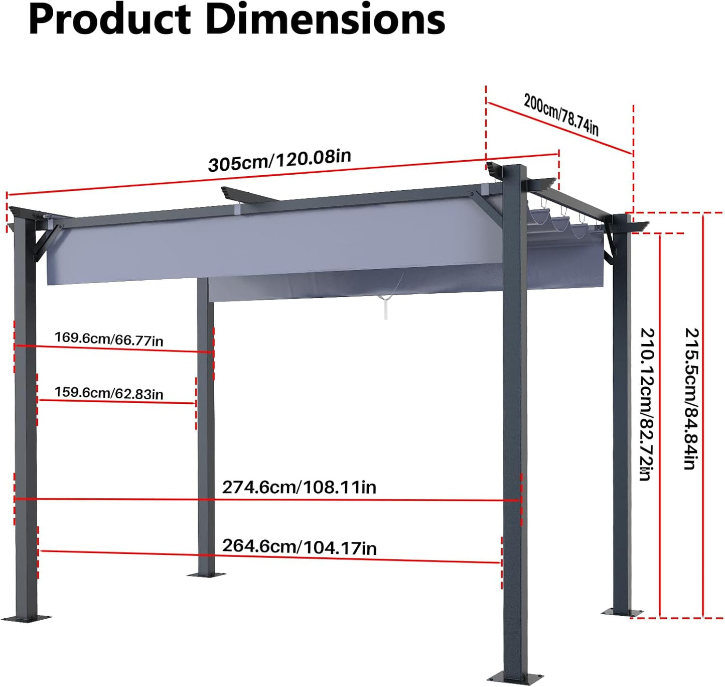 Gazebo, bigzzia Metal Pergola With Retractable Roof,Outdoor Parasol Features Water-Resistant And SPF 15 With PU Coated Canopy,Sun Shade For Garden Party Barbecue Event