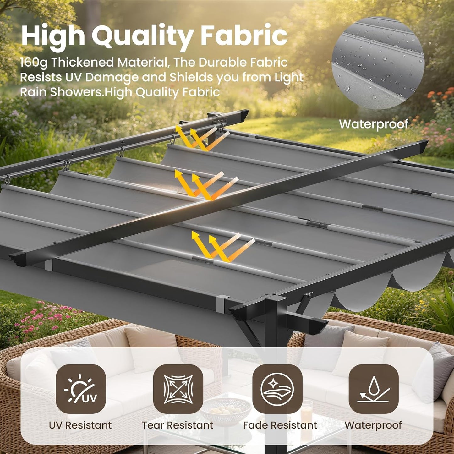 Gazebo, Metal Pergola with Retractable Roof, bigzzia Large Gazebo With Sun Shade Canopy Waterproof And SPF 15 With PU Coated Features For Patio Garden Party BBQ (8x8Ft Grey)