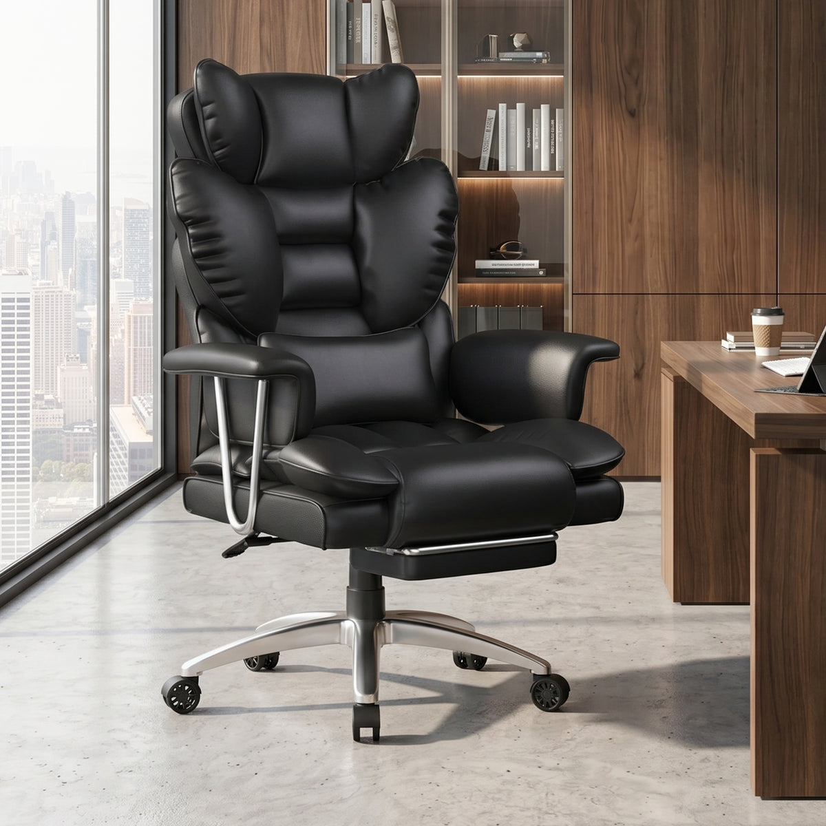 Bigzzia Big and Tall PU Leather Office Chair with Footrest, High Back Executive Office Chair with Lumbar Support and Adjustable Headrests, Black