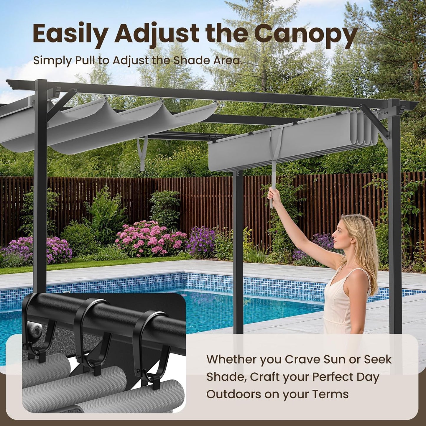 Gazebo, Metal Pergola with Retractable Roof, bigzzia Large Gazebo With Sun Shade Canopy Waterproof And SPF 15 With PU Coated Features For Patio Garden Party BBQ (8x8Ft Grey)