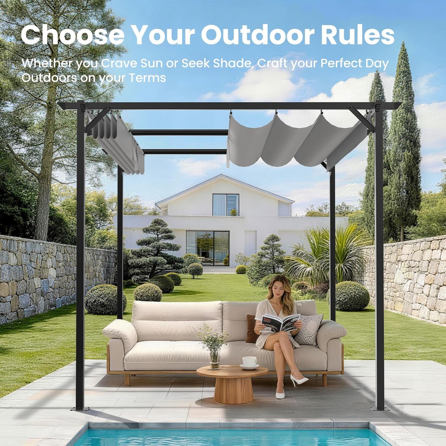 Gazebo, Metal Pergola with Retractable Roof, bigzzia Large Gazebo With Sun Shade Canopy Waterproof And SPF 15 With PU Coated Features For Patio Garden Party BBQ (8x8Ft Grey)