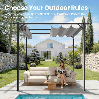 Gazebo, Metal Pergola with Retractable Roof, bigzzia Large Gazebo With Sun Shade Canopy Waterproof And SPF 15 With PU Coated Features For Patio Garden Party BBQ (8x8Ft Grey)