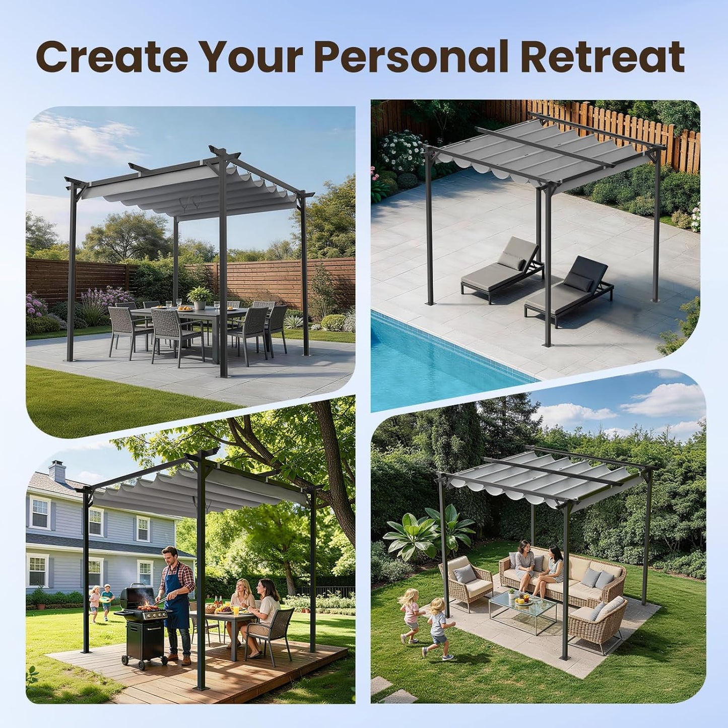 Gazebo, Metal Pergola with Retractable Roof, bigzzia Large Gazebo With Sun Shade Canopy Waterproof And SPF 15 With PU Coated Features For Patio Garden Party BBQ (8x8Ft Grey)