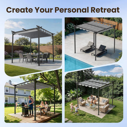 Gazebo, Metal Pergola with Retractable Roof, bigzzia Large Gazebo With Sun Shade Canopy Waterproof And SPF 15 With PU Coated Features For Patio Garden Party BBQ (8x8Ft Grey)