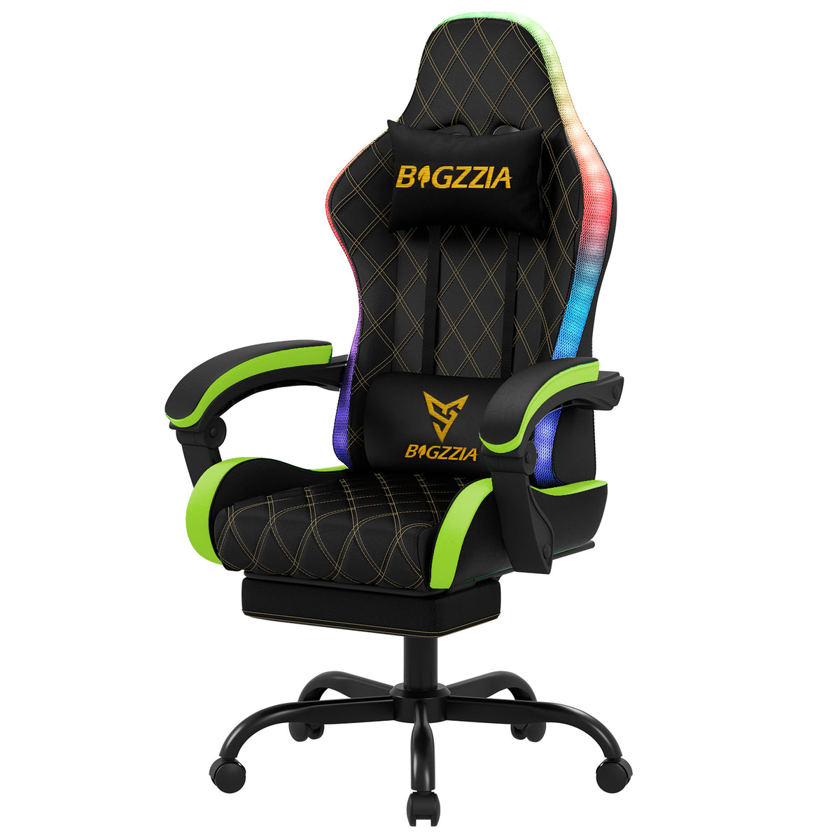 Bigzzia Gaming Chair with LED Lights, Ergonomic Computer Chair with Lumbar Support, Adjustable Headrest & Footrest