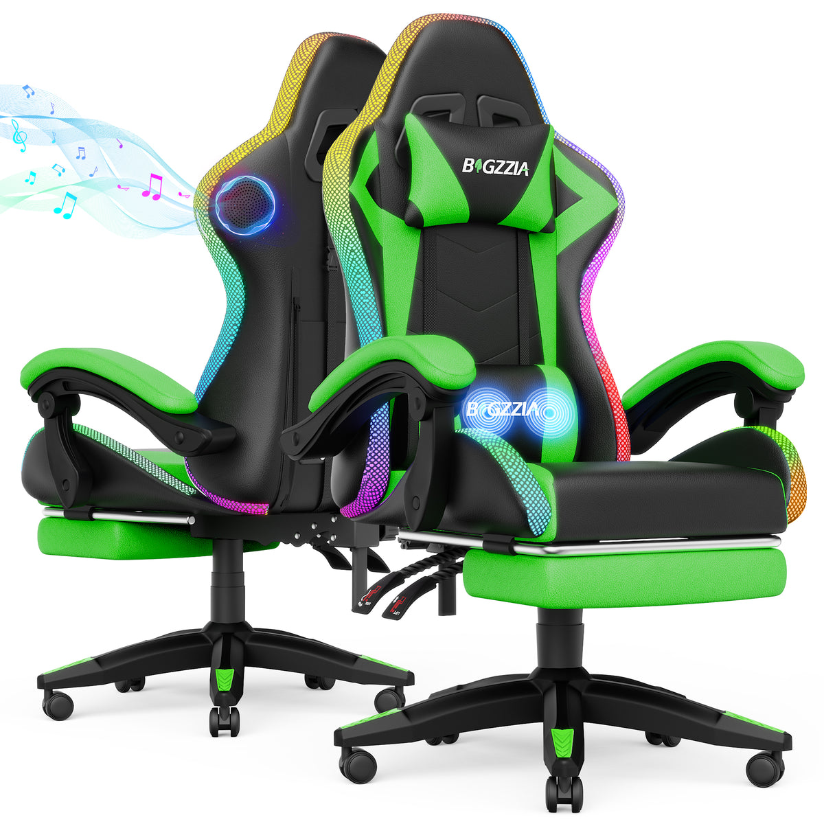 Bigzzia Gaming Chair for Adult with Speaker, Massage Game Chair with LED Lights, Adjustable Pillows and Footrest