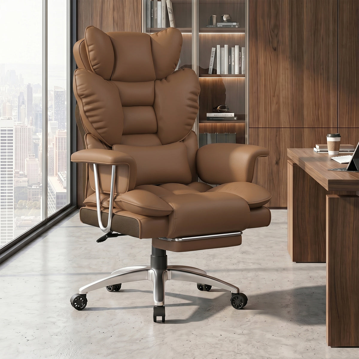 Bigzzia Big and Tall PU Leather Office Chair with Footrest, High Back Executive Office Chair with Lumbar Support and Adjustable Headrests, Black