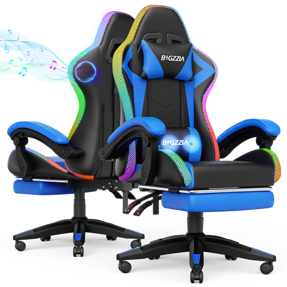Bigzzia Gaming Chair for Adult with Speaker, Massage Game Chair with LED Lights, Adjustable Pillows and Footrest