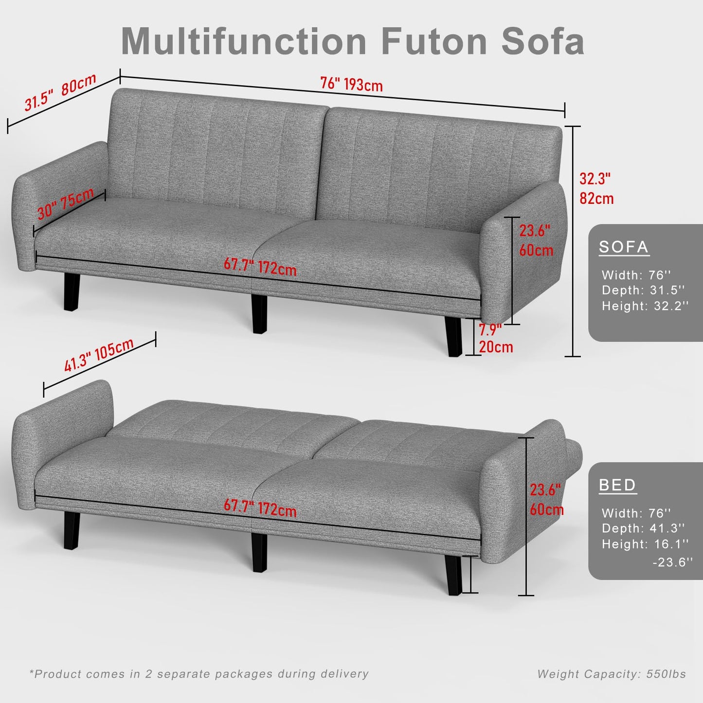 Bigzzia 2-in-1 Convertible Sofa Bed 3 Seater with Adjustable Backrest & Detachable Arms - Double Independent Backrest Design, High-Density Memory Foam - Ideal for Apartments