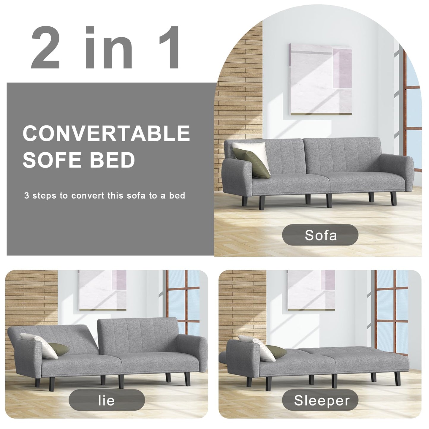 Bigzzia 2-in-1 Convertible Sofa Bed 3 Seater with Adjustable Backrest & Detachable Arms - Double Independent Backrest Design, High-Density Memory Foam - Ideal for Apartments