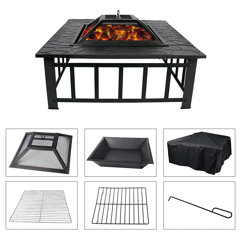 Bigzzia Outdoor Fire Pits, 3 in 1 Fire table with Rain Cover,Grill,Poker and Lid Firepit BBQ Patio Heater for Garden Outdoors