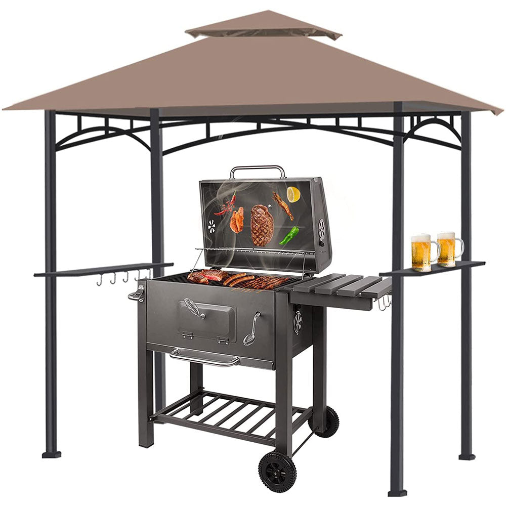 Bigzzia BBQ Gazebo Double Tiered UV Resistant 2.4 * 2.6 Meters Grill Shelter with LED Light for BBQ Party and Camping Picnic (Brown)