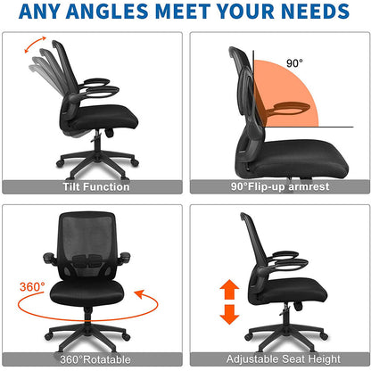 Bigzzia Office Desk Chair Ergonomic Office Chair with Flip-up Armrest Computer Chair Mesh Task Chair with 360° Rotation Seat and Adjustable Lumbar Support, Black