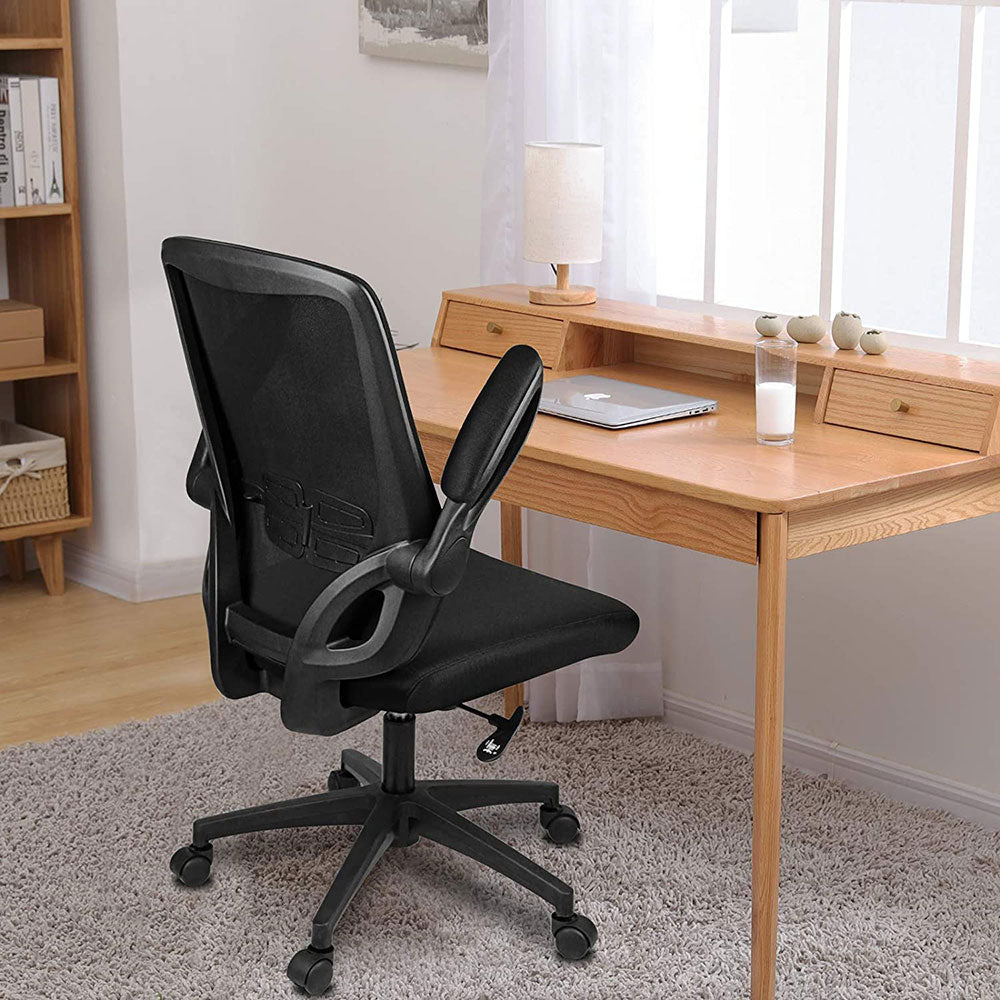 Bigzzia Office Desk Chair Ergonomic Office Chair with Flip-up Armrest Computer Chair Mesh Task Chair with 360° Rotation Seat and Adjustable Lumbar Support, Black