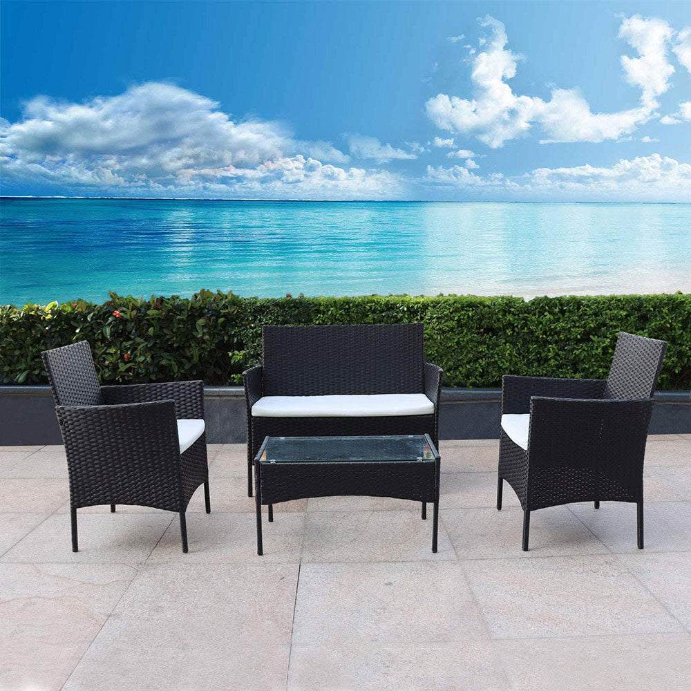 Bigzzia 4 PCS Garden Furniture set Rattan Outdoor Table Chair Sofa With Tempered Glass Table