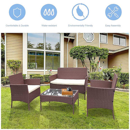 Bigzzia 4 PCS Garden Furniture set Rattan Outdoor Table Chair Sofa With Tempered Glass Table